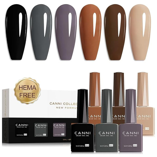 CANNI Gel Nail Polish Set – 6 Colors (Black, Brown, Nude, Grey, Khaki), 9ML Soak Off UV LED Nail Gel, Winter Neutral Shades for DIY Manicure & Salon Nails