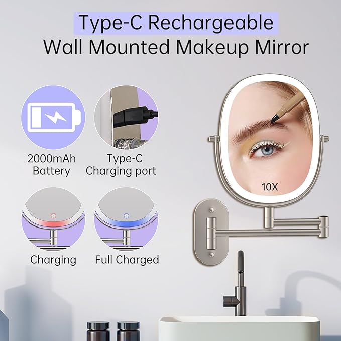 FUNTOUCH Rechargeable Wall Mounted Lighted Makeup Mirror, Oval Double-Sided Mirror 1X/10X Magnifying Wall Mounted,3 Color Lights Touch Screen Dimmable 360°Swivel 13 Inch Extendable