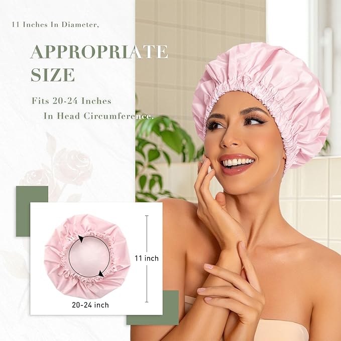 Reusable Shower Cap for Women, Large Waterproof Shower Essentials Bonnet Washable Elastic Band Bath Hair Wrap Hat for Long Hair, Braids(Pink&Green)