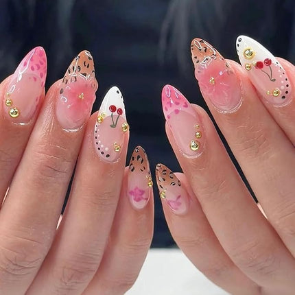 French Tips Press on Nails Almond Medium Fake Nails with 3D Flower Gold Pearl Leopard Fruit Designs Cute Nails Press ons Pink Brown White Acrylic Nail Fall Spring Summer Stick on Nail for Women 24Pcs