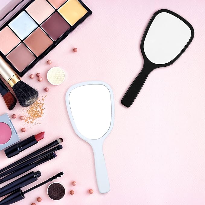 Hicarer 16 Pcs Hand Handheld Mirror with Handle Plastic Travel Makeup Handheld Cosmetic Mirror for Travel, 3.15 Inch Wide, 7.09 Inch Long (Black,White)