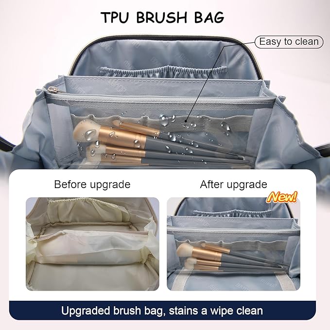 BOYATU Travel Makeup Bag for Women: Large Capacity Make up Bag with Compartments - Vegan Leather Cosmetic Bag set of 3 - Waterproof Toiletry Bag with Handle & Divider(D-03Blue)