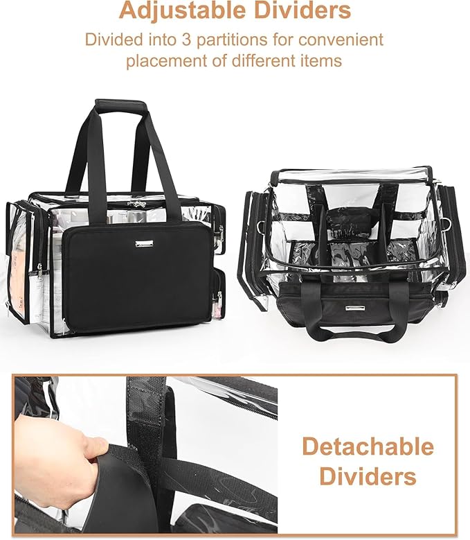 Relavel Extra Large Makeup Case and Clear Makeup Bag, Travel Cosmetic Train Case Professional Makeup Artist Bag with Adjustable Dividers and Shoulder Strap, Portable Nail Organizer Box (Black)