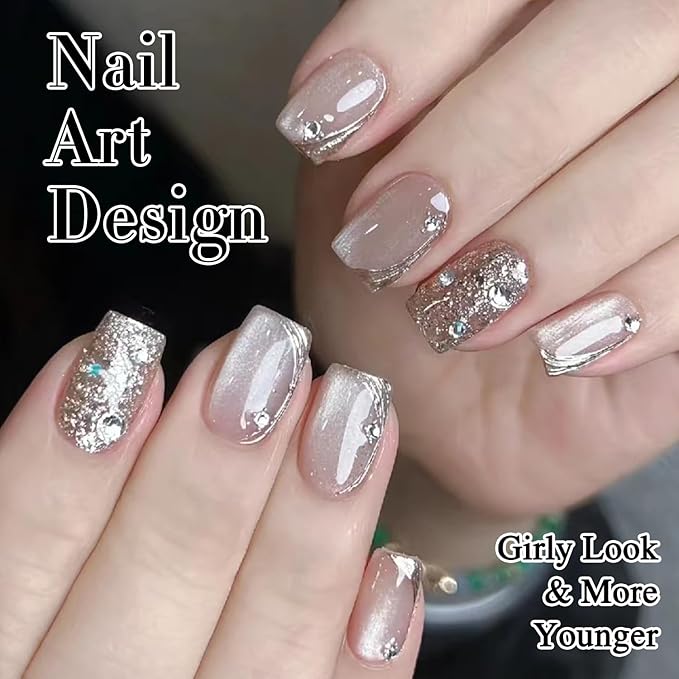 Double Rhythm Cat Eye Gel Polish Set 6 Colors Shimmer Glitter with Magnet Holographic Reflective Magnetic UV Gel Polish Art Kit (Glass Jelly Nude Pink 6-Kit 35)