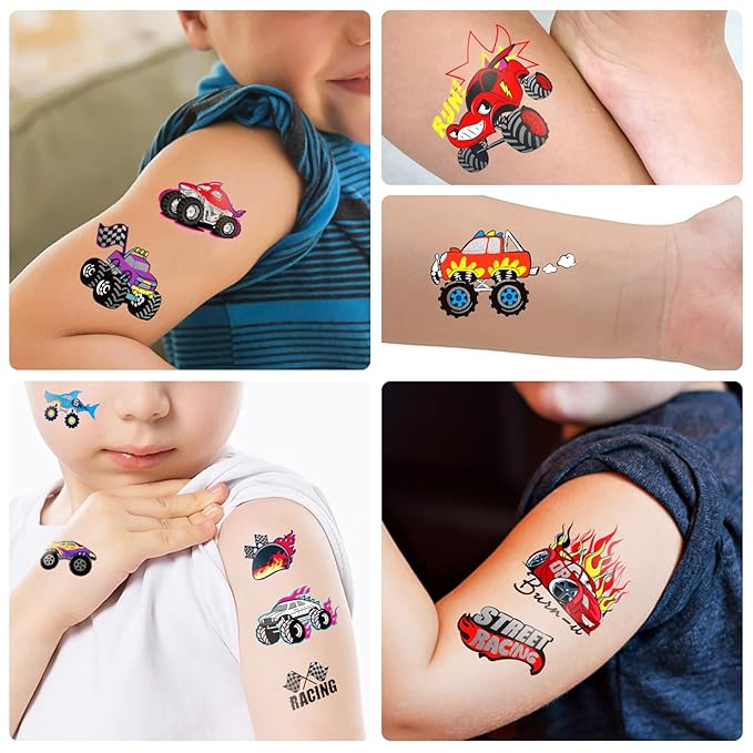 Temporary Tattoos for Kids, 75 PCS Truck Tattoos for Hot Wheel Birthday Party Decoration Favor, Metallic Tattoos, Monster Truck, Car Racing, Checkered Flag, Flames Tattoo for Boys Girls