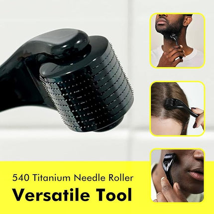 Titanium Derma Roller with 540 Needles for Face, Beard & Hair – Gentle Massage Roller for Daily Skincare Routine – Suitable for Men & Women 0.3 Glossy Black