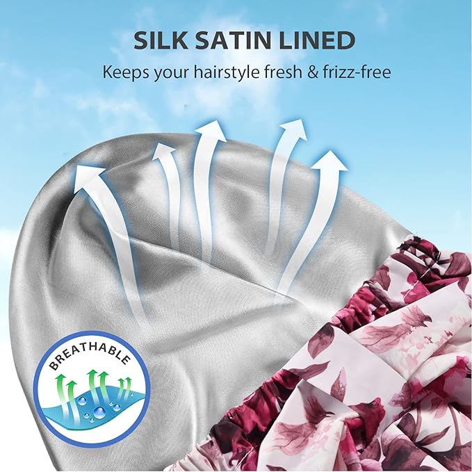 INNELO Luxury Shower Cap for Women Reusable Waterproof, Double Layered Shower Hair Cap with Adjustable Elastic Strap, Large Satin Lined Shower Bath Cap for Long Curly Straight Hair, Pink-Flower