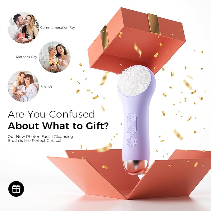 Facial Cleansing Brush Face Scrubber - Rechargeable Electric Face Cleansing Brush with 4 LED Gentle Light Liquid Silicone Modes Exfoliator,IPX7 Waterproof Ideal Gift for Men and Women-Purple