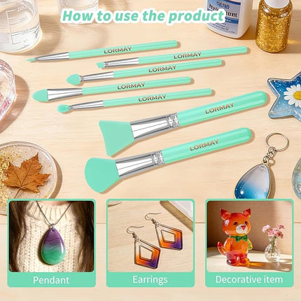 LORMAY 7 Pcs Silicone Brush Applicator Kit for UV Resin Epoxy Art Crafting and Cream Makeup Products (Mint Green)