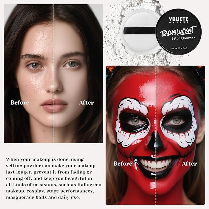 Black White Red Face Body Paint Stick Set with Translucent Setting Powder and Sponges, Professional Full Coverage Face Painting for Adults Halloween Cosplay SFX Spiderman Joker Devil Makeup