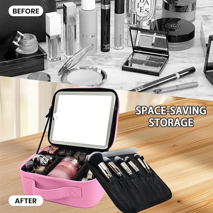 Travel Makeup Bag with LED Mirror and Light Travel Makeup Case Cosmetic Organizer Portable Cosmetic Brush Organizer Bag with Adjustable Dividers for Cosmetics Makeup Brushes Toiletry (Dark Pink)