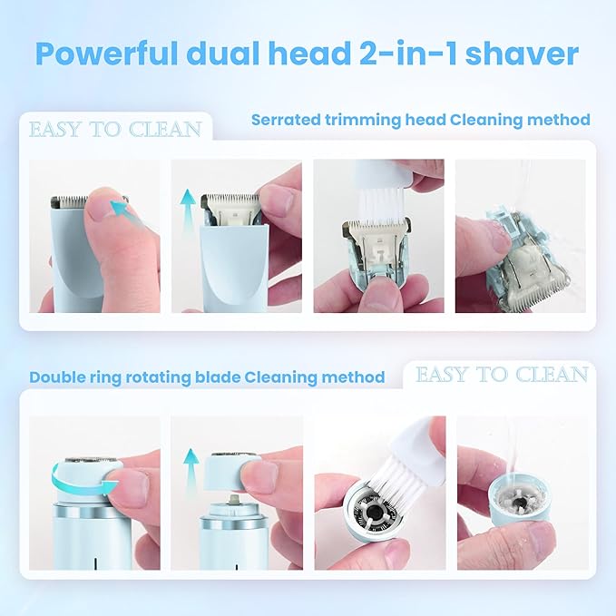 Bikini Trimmer for Women-2 in 1 Dual Head Electric Razors,USB Rechargeable Bikini Electric Shaver,IPX7 Waterproof Dry & Wet Use Body Hair Trimmer and Facial Hair Remover for Underarm Leg Body,Blue