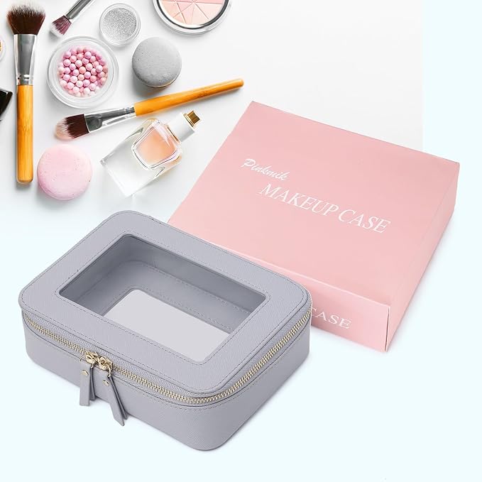 Pinkmik Clear Makeup Bag for Women Waterproof Travel Cosmetics and Toiletries Case Portable Makeup Oaganizer Bag Clear Car Bag with Zipper (Gray, M)