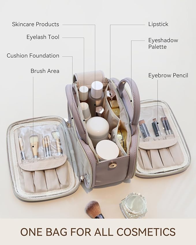 Prite Makeup Bag for Women, Large Capacity Waterproof Travel Cosmetic Organizer, Portable Open Flat Toiletry Bag with Free-standing Brush Holder and Handle(Purple Meidum)