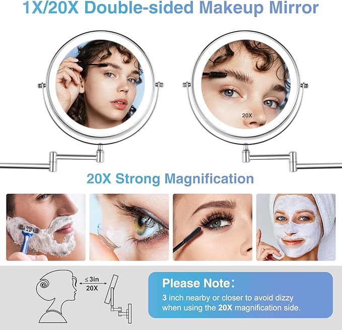 20X/1X Wall Mounted Lighted Makeup Mirror with Light, 8.5'' Double Sided Rechargeable Magnifying Bathroom Mirror, 3 Color Lights Touch Dimmable Extended Arm 360 Rotation Light up Magnification Mirrors