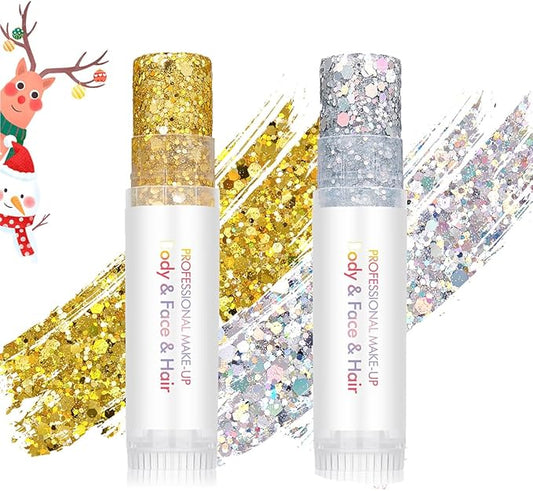 Christmas Body Glitter Stick Glod Face Glitter Silver Hair Glitter Christmas Face Paint Rave Makeup Glitter Festive Face Gems Halloween Fine Chunky Glitter Stick for Women Girls 2Pack