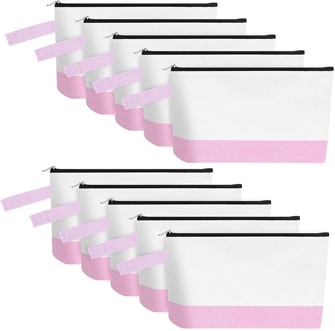 10 Pieces Cotton Canvas Makeup Bag with Bottom and Strap, Multi-Purpose Cosmetic Bag with Zipper Travel Toiletry Pouch, Blank DIY Craft Bag (White&Pink, XS)