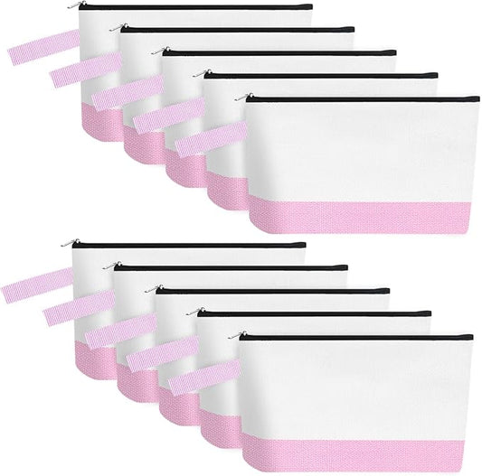 10 Pieces Cotton Canvas Makeup Bag with Bottom and Strap, Multi-Purpose Cosmetic Bag with Zipper Travel Toiletry Pouch, Blank DIY Craft Bag (White&Pink, XS)
