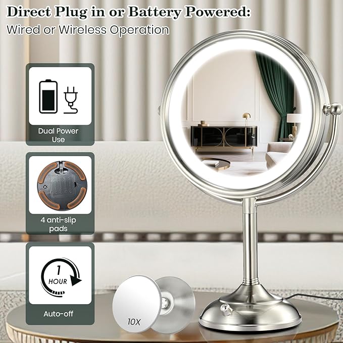 VESAUR 11.8" Extra Large 17" Tall Lighted Makeup Mirror, 1X/5X Double Sided Magnifying Mirror with 96 LEDs, 3 Color Modes & Adjustable Brightness, 360° Rotation, Nickel Finish - Great Gift for Women