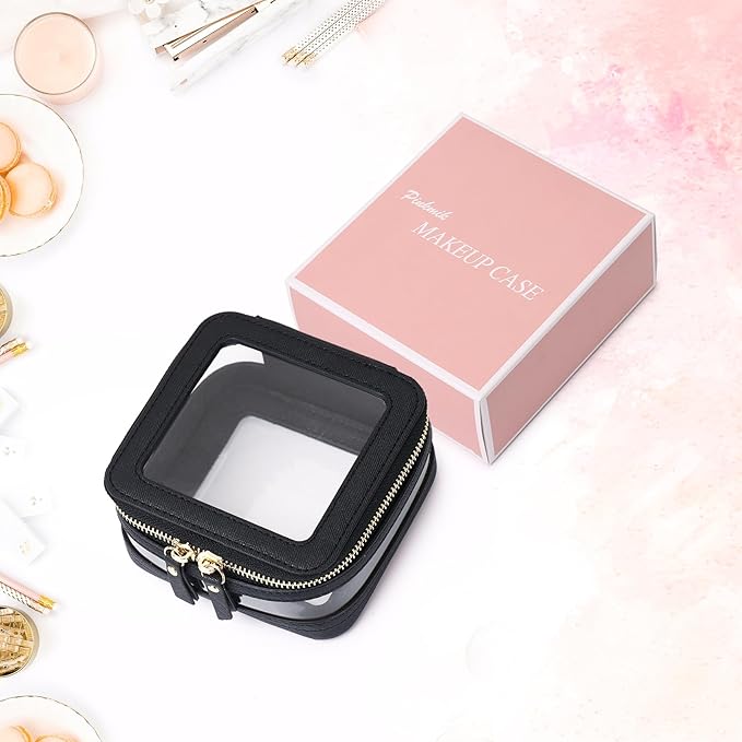 Pinkmik Clear Small Makeup Bag Mini Cosmetic Makeup Case & Toiletry Bag with Zipper,Cute Purse Organizer,Car Essentials for Women (Black, MINI-2)