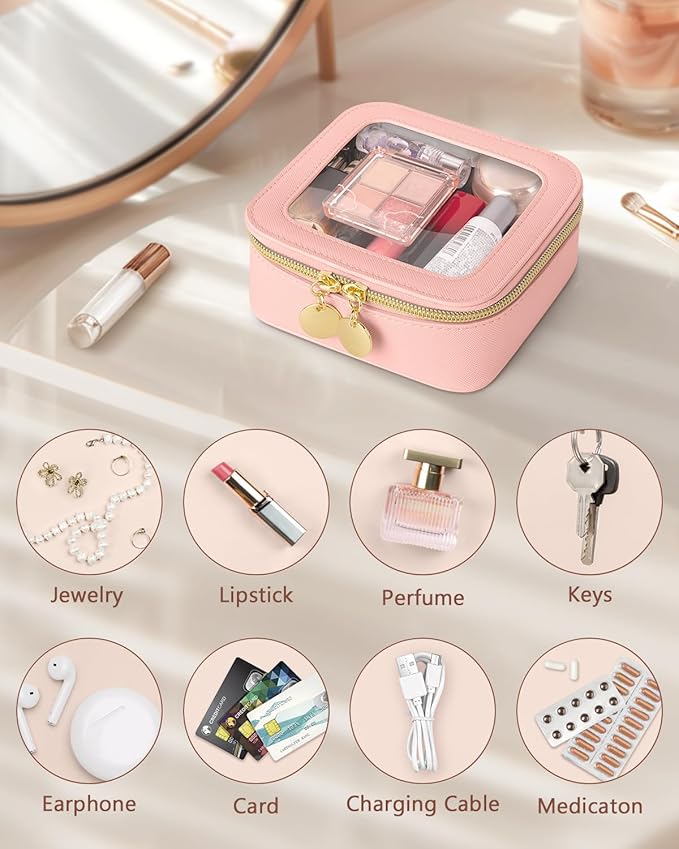 Clear Makeup Bag, Portable Travel Cosmetic Bags, Multipurpose Leather Toiletry Bag with Zipper, Waterproof Transparent Cosmetic Organizer for Women, Mini, Pink