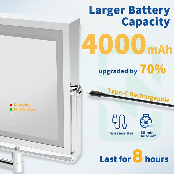 Ruacq Rechargeable Wall Mounted Makeup Mirror with Lights, Double Sided 1X/10X Magnifying Vanity Mirror with 3 Color Lighting, Touch Screen Dimmable, 360° Rotation Extension Foldable Arm(Chrome)