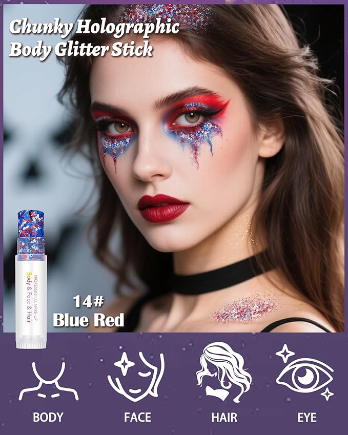 Body Glitter Stick, Waterproof Long Lasting Sparkling Face Shimmer Makeup, Singer Concerts Disco Music Halloween Festival Rave Accessories, Holographic Chunky Sequins Hair Stick,Gift for Women girl-14
