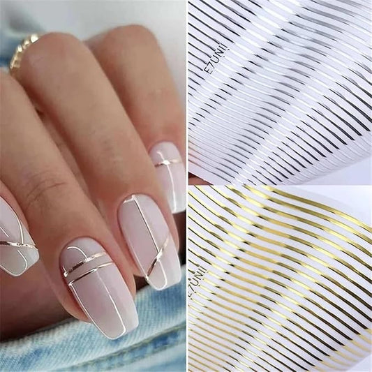 Gold Silver Lines Stripe Nail Art Sticker Decals 3D Metal Strip French Design Nail Decals Self-Adhesive Nail Art Supplies Colored Geometric Waved Manicure Slider for Women DIY Nail Art Decoration Kits