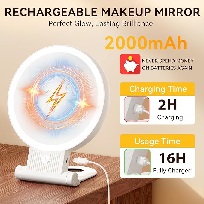 1X/30X Magnifying Mirror with Light, Double Sided Makeup Mirror with Adjustable 3 Color Light, 2000mAh Rechargeable Lighted Magnifying Mirrors with Tweezer, Foldable Travel Mirror with Rotation