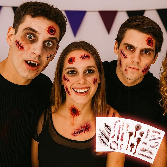 Halloween Makeup Kit - Dark Fake Blood Spray + 4 Sheet Temporary Scars Wounds Tattoos , Realistic Dark Blood Splatter Non-Toxic Washable for Zombie, Clown, Vampire Cosplay, Costume, Stage, SFX Make Up