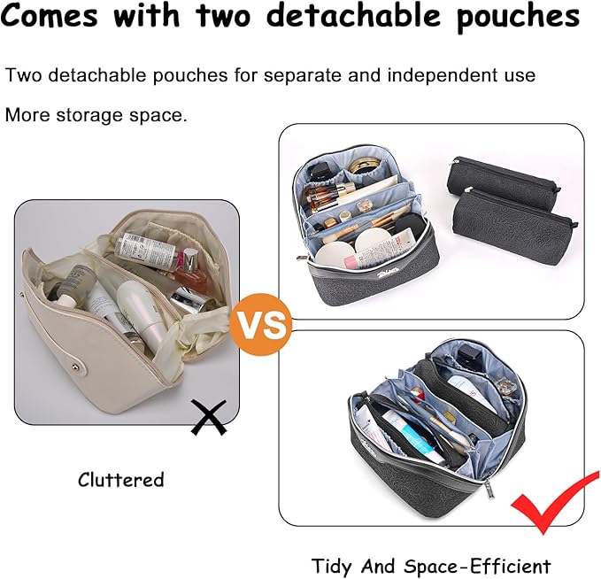 BOYATU Travel Makeup Bags for Women: Vegan Leather Cosmetic Bag Set of 3 - Large Capacity Make up Bag with Divider - Wide Open Waterproof Toiletry Organizer Bag with Handle (L12-Black)