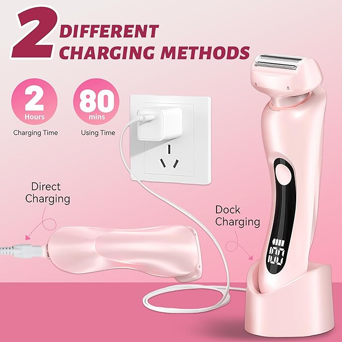 2 in 1 Electric Shaver for Women Wet Dry Dual Use IPX7 Waterproof with LED Display USB Recharge Dock Dry Use Body Hair Trimmer and Facial Hair Remover for Bikini Underarm Leg Arm Face (Pink)