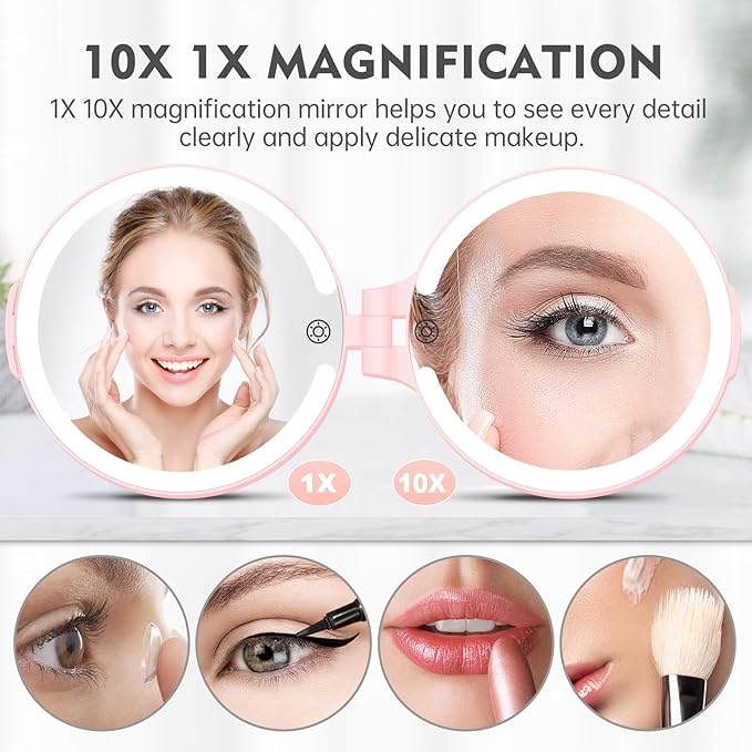 FUNTOUCH Travel Mirror with Light, 10X 1X Double Sided Magnification Makeup Vanity Mirror Rechargeable Lighted Mirror with 3 Color Setting Adjustable Rotation LED Vanity Desk Mirror,Pink