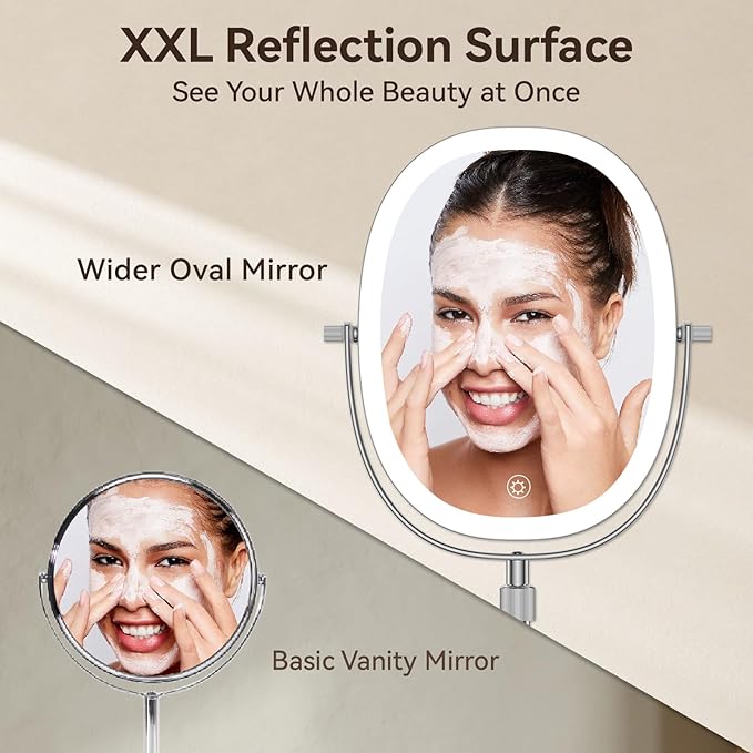 9″ Makeup Mirror with Lights, 7X Magnification, Height Adjustable Vanity Mirror, Rechargeable 3 Color Lighting Mode, 360° Swivel Double Sided Magnifying Mirror, Chrome, Gift for Women