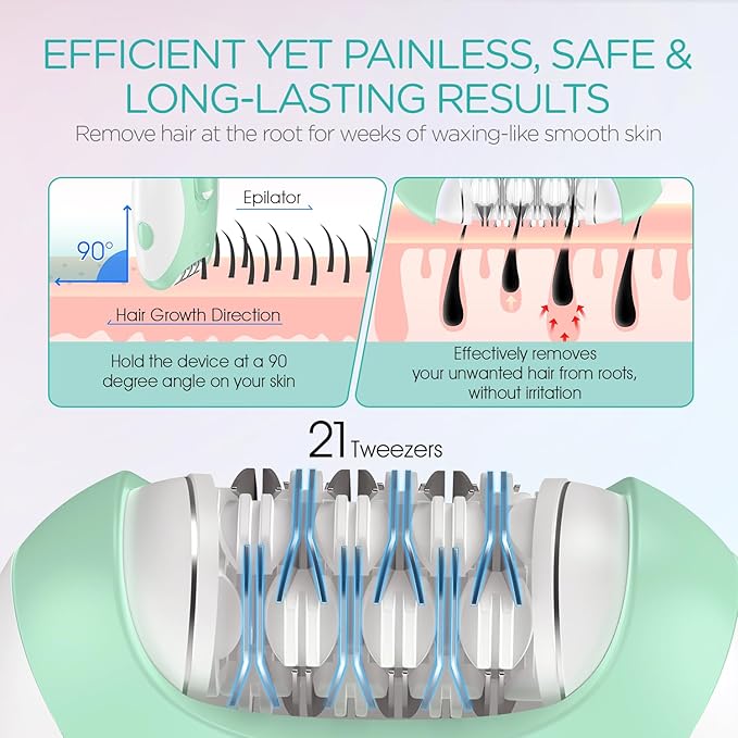 Epilators Hair Removal for Women with 21 Tweezers & LED Light, 2 Speeds Cordless Epilator for Women, Electric Hair Removal Epilators Rechargeable for Arms & Legs HR110 (Light Green)