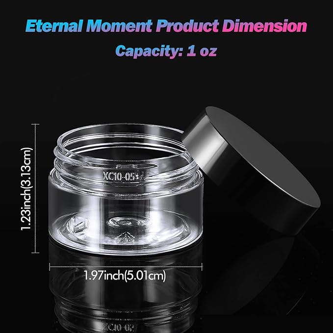 50 Pack 1 OZ Plastic Jars Round Clear Cosmetic Container Jar with Lids, Eternal Moment Plastic Slime Jars for Lotion, Cream, Ointments, Makeup, Eye shadow, Rhinestone, Samples, Pot, Travel Storage