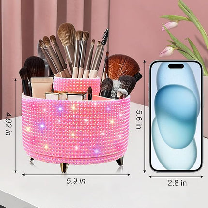 Diesisa Bling Diamond 360° Makeup Brush Holder Organizer, Rotating Makeup Brush Organizer,5 Slot Make up Brushes Cup for Cosmetics, Vanity Desktop Organizer, Gift for Women Teen Girls- Diamond Pink