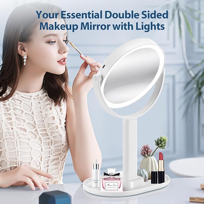 Lighted Makeup Mirror, 20X Magnifying Mirror with Light and Adjustable Brightness, Vanity Mirror with 3 Color Light, 2-Sided Mirror for Desk, Detachable Travel Makeup Mirror with Light 8.8 Inches