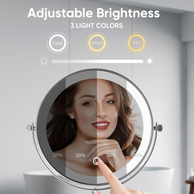 Nicesail Desk Mirror with Light 1X/10X Magnifying with 3 Color Dimmable Lights Desk Mirror, Cordless 360 Rotation 4000mAh Rechargeable, Double Sided Mirror for Desk, 8 Inch Standing Chrome Finish