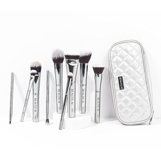 Professional Makeup Brush Set – 9 Piece Vegan Brushes with Carry Pouch | Soft Dense Bristles for Liquid, Cream & Powder | Lightweight Aluminum Handles Makeup Brushes For Daily Makeup Routine