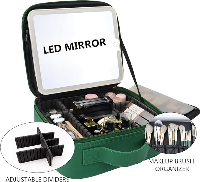 Travel Makeup Bag with LED Mirror Travel Makeup Organizer with 3 Lighted Settings, Adjustable Dividers and Makeup Brush Storage Bag Dark Green