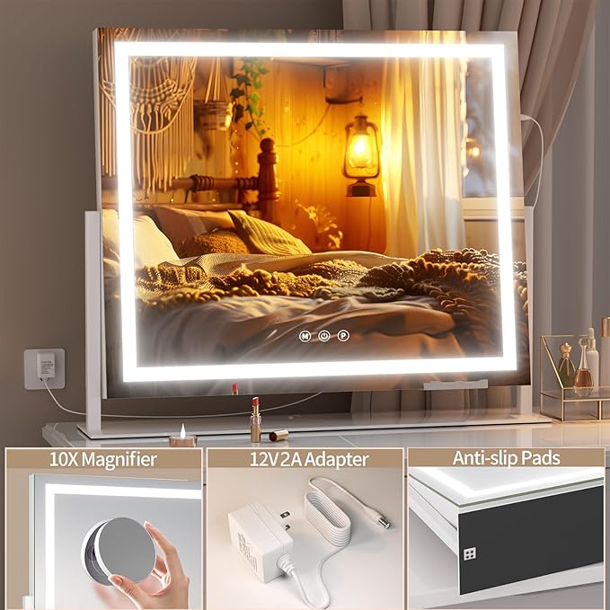 Hasipu Vanity Mirror with Lights, 25.6" x 21.3" LED Makeup Mirror, Light up Mirror with 10X Magnification and Phone Holder, USB Charging Port, Smart Touch 3 Colors Dimmable, 360° Rotation (White)