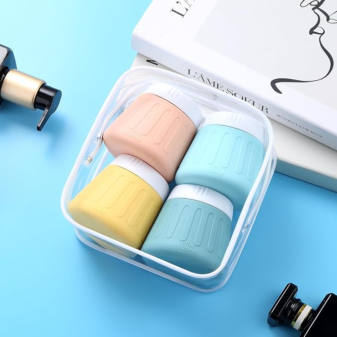 Gemice 4 OZ Travel Size Containers for Toiletries, Leak-Proof Silicone Slime Jars with Lids, BPA Free Small Round Cosmetic Slime Container for Lotion, Cream, Ointments, Travel Storage (4 Pack)