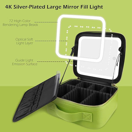 MOMIRA Travel Makeup Bag Cosmetic Bag Makeup Organizer Bag with Lighted Mirror, Adjustable Brightness in 3 Color Scenarios, Waterproof Makeup Train Case, Gift for Women - Grass Green