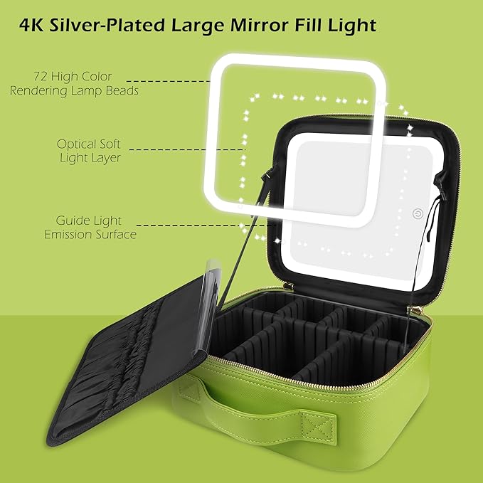 MOMIRA Travel Makeup Bag Cosmetic Bag Makeup Organizer Bag with Lighted Mirror, Adjustable Brightness in 3 Color Scenarios, Waterproof Makeup Train Case, Gift for Women - Grass Green