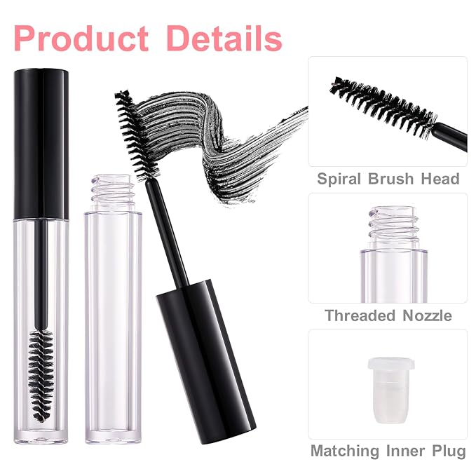 5 Pack Empty Mascara Tube, 2.5ml Transparent Reusable Eyelash Cream Container Bottle DIY Makeup Vials Cosmetic Tool for Castor Oil/Eyelash Growth Oil/Mascara with 5 Rubber Inserts, 1 Funnel