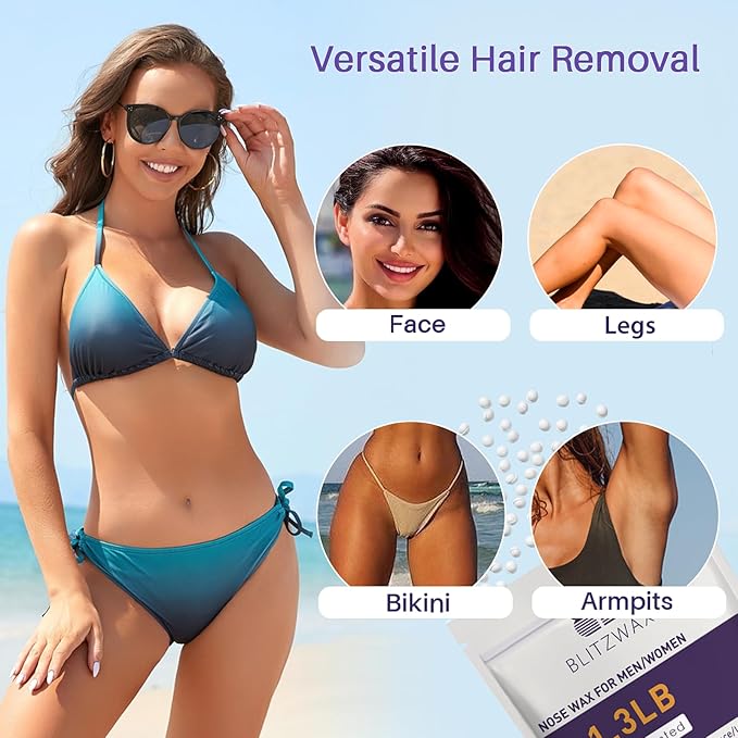 BLITZWAX Hair Removal Hard Wax Beads Unscented 1.3lb Waxing Beans Kit with 30 Nose Waxing Sticks for Sensitive Skin, Face, Back, Body, Brazilian and Coarse Hair, Home Wax Pearls for Men Women, White