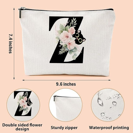 Floral Cat Initial Makeup Bag, Personalized Skin Care Bag, Travel Organizer Toiletry Bags for Women Mom Friends, Cosmetic Bags Makeup Pouch with Zipper, Letter Z
