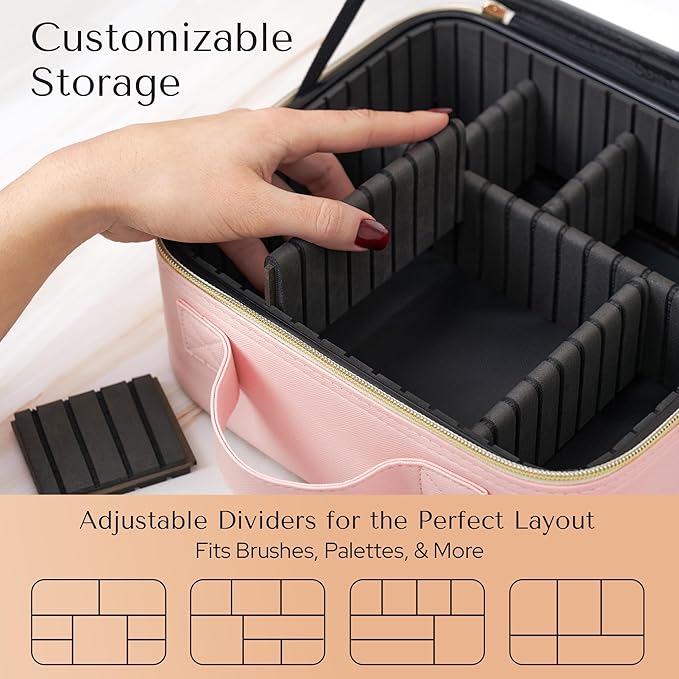Makeup Bag with LED Mirror – Travel Cosmetic Organizer with Lighted Mirror, Adjustable Dividers & Brush Holder Storage – Portable PU Leather Makeup Case for Women & Girls - Pink