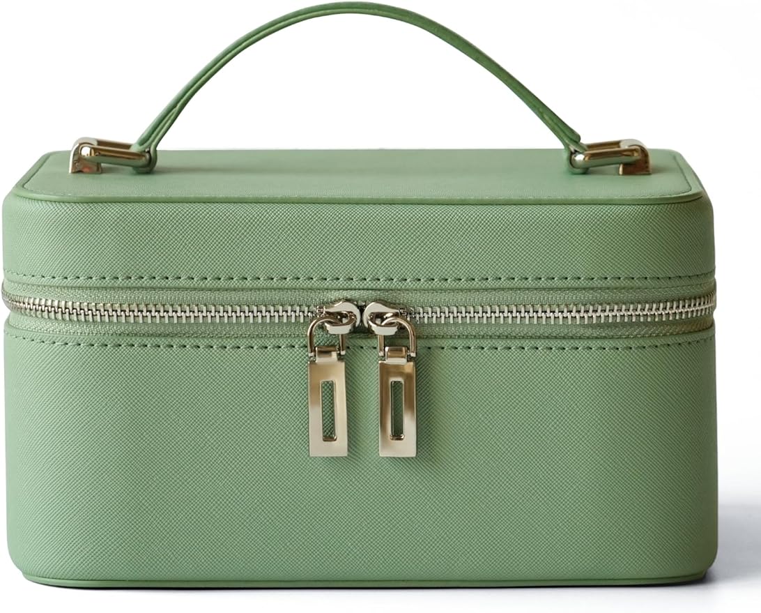 Popvibe Travel Vanity Case with Mirror and Light, Compact Traveling Makeup Bag Set with Brush Holder, Sage Green Leather Cosmetic Case Lighted Up Makeup Vanity Bag Portable Make Up Box Train Case Cute